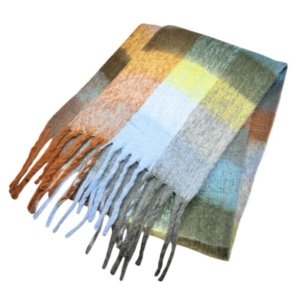 NEW Large Chunky Scarf Wool Mohair Multi Plaid Thick Fuzzy Long Fringe Winter - Picture 4 of 11